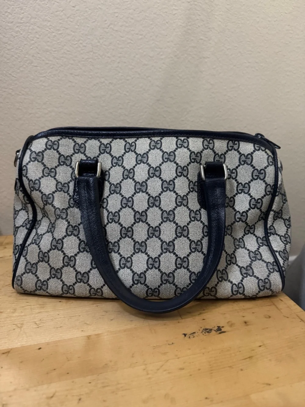 Gucci Beige Monogram Satchel with Navy Trim and Red-Navy Stripe